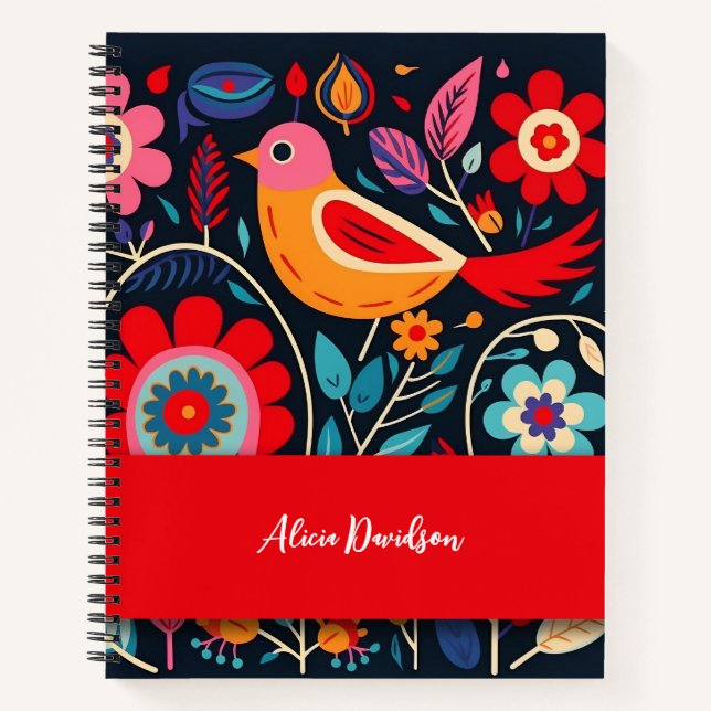 Cuaderno Flores Boho Folclóricas Pájaro | tu nombre (Anverso)