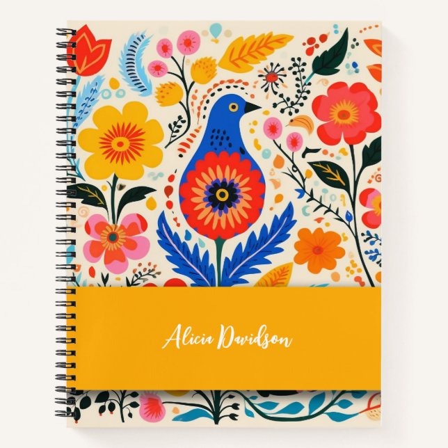 Cuaderno Flores Boho Folk Pájaro Azul | tu nombre (Anverso)