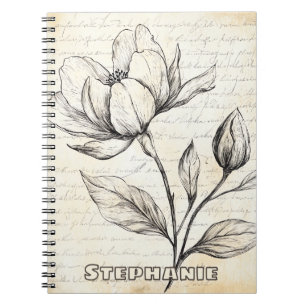 Cuaderno Flores Botánicas Elegantes Sepia Escritura Vintage