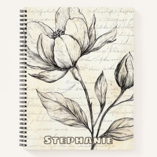 Cuaderno Flores Botánicas Sepia Elegantes Escritura Vintage