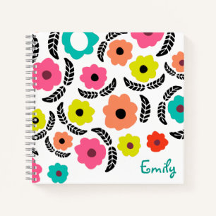 Cuaderno Flores Brillantes Modernas y Hoja Negra Personaliz