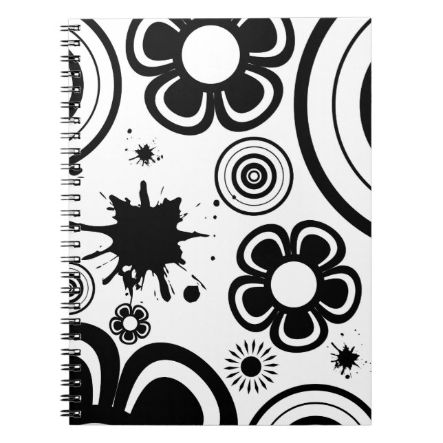 Cuaderno Flores caprichosas en blanco y negro, círculos, sa (Frente)