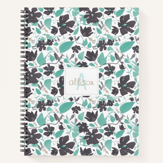 Cuaderno Flores Clematis Verde azulado Patrón Marrón con Mo (Anverso)