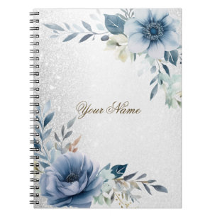 Cuaderno Flores color de agua azul turbio plateado elegante