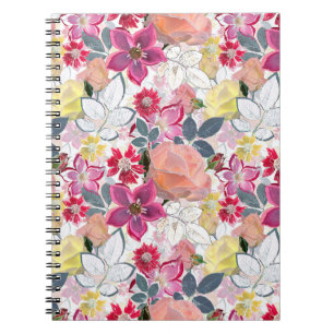 Cuaderno Flores color de agua rosada y roja.