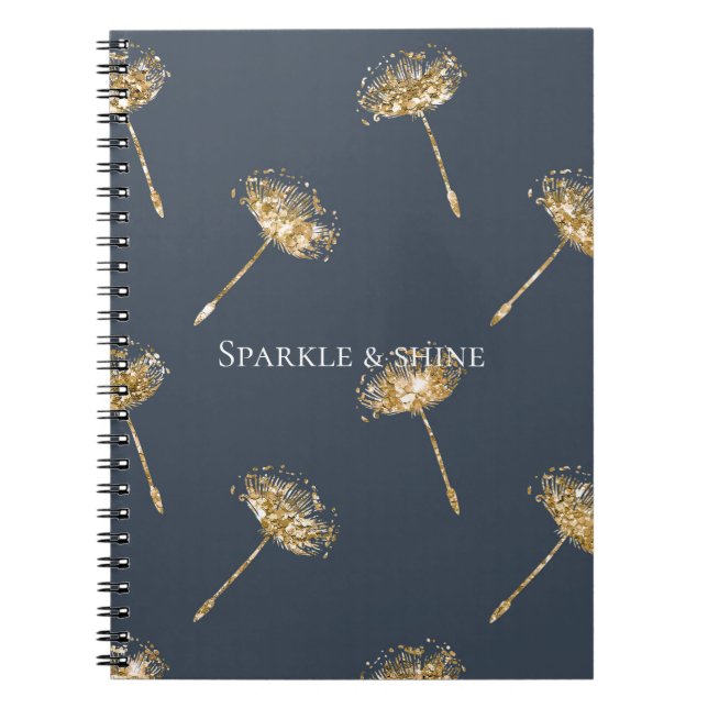 Cuaderno Flores Dandelion Purpurina de la Marina Blue Gold  (Frente)