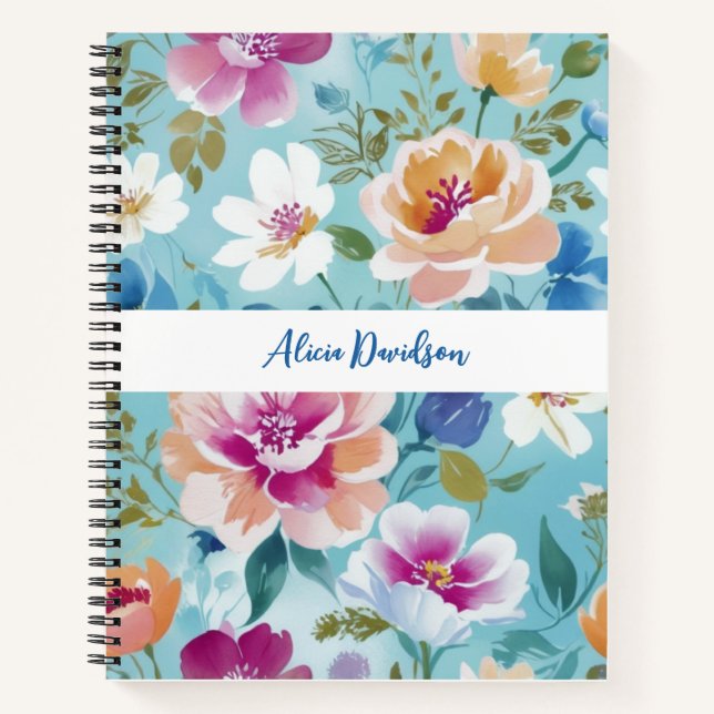 Cuaderno Flores de Acuarela Azul Dulce | tu nombre (Anverso)