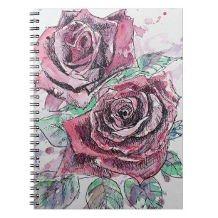 Cuaderno Flores de acuarela de rosa roja pintura floral