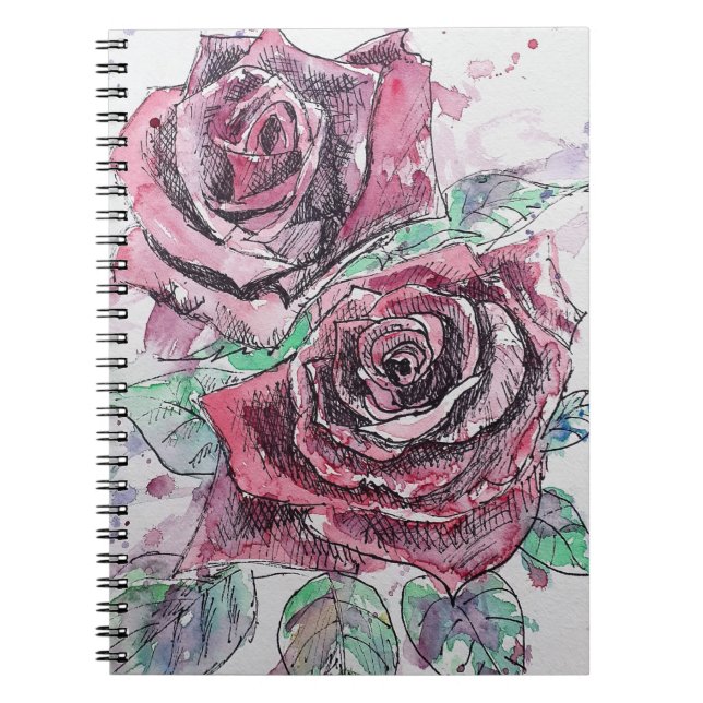 Cuaderno Flores de Acuarela de Rosa Roja Pintura Floral (Frente)