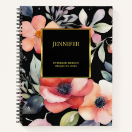 Cuaderno Flores de acuarela elegantes negro oro profesional