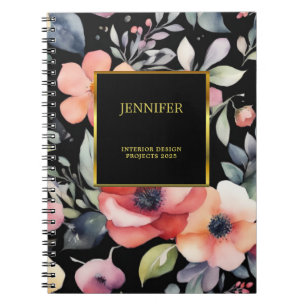 Cuaderno Flores de acuarela elegantes negro oro profesional