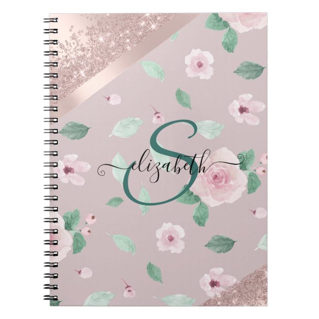 Cuaderno Flores de Acuarela Monograma de Oro Rosa (Frente)