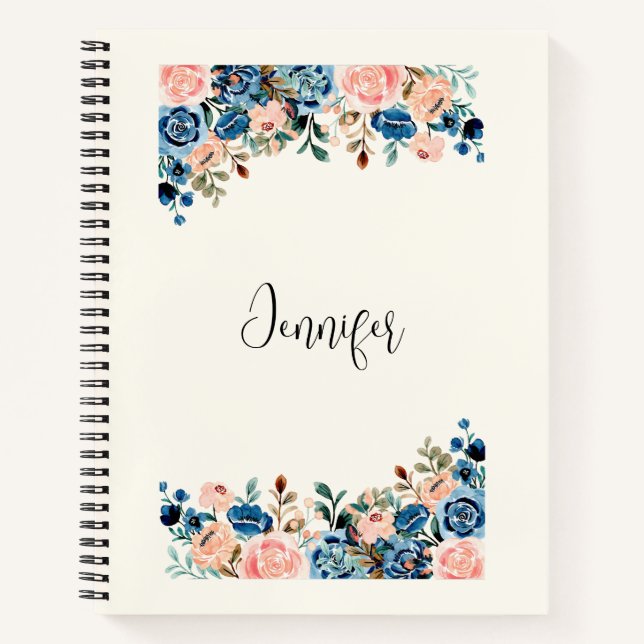 Cuaderno Flores de acuarela rosa y azul (Anverso)