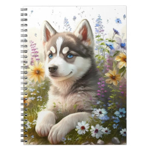 Cuaderno Flores de acuarela y cachorro de Husky Siberiano