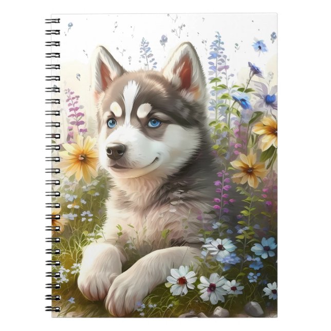 Cuaderno Flores de acuarela y cachorro de Husky Siberiano (Frente)