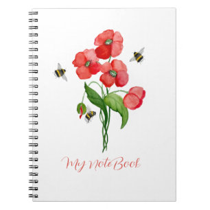 Cuaderno Flores de adormidera escarlata acuarela y bonitos