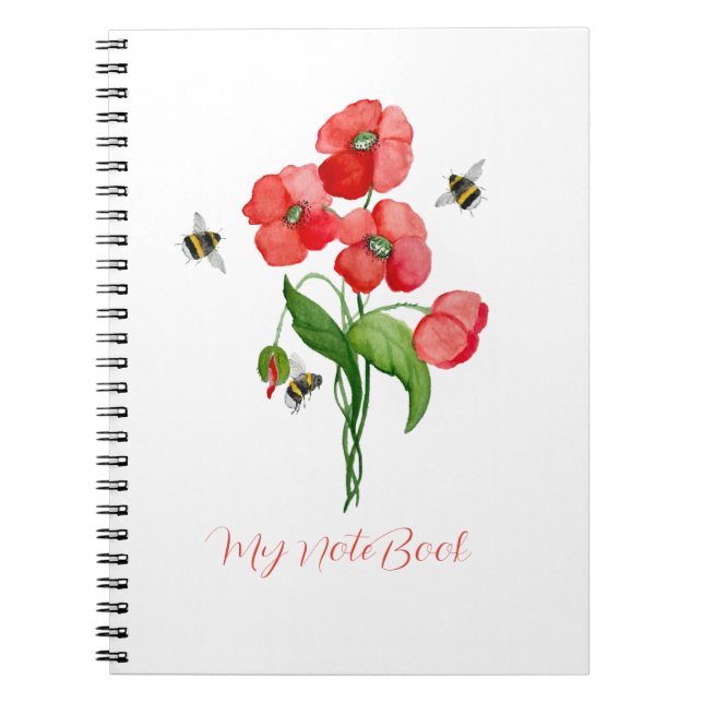 Cuaderno Flores de adormidera escarlata acuarela y bonitos  (Frente)
