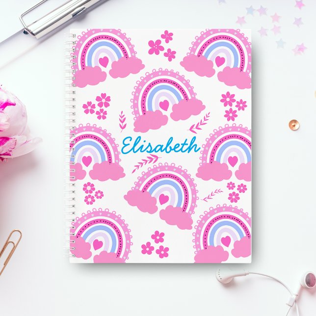 Cuaderno Flores de Arcoíris Rosadas Personalizadas con Nomb (Subido por el creador)