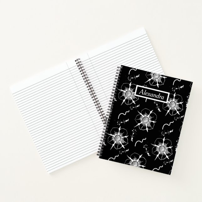 Cuaderno Flores de arte de línea blanca abstracta sobre neg (Interior)