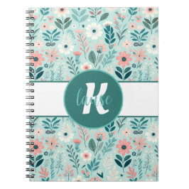 Cuaderno Flores de arte folclórico color azul y rosa pastel