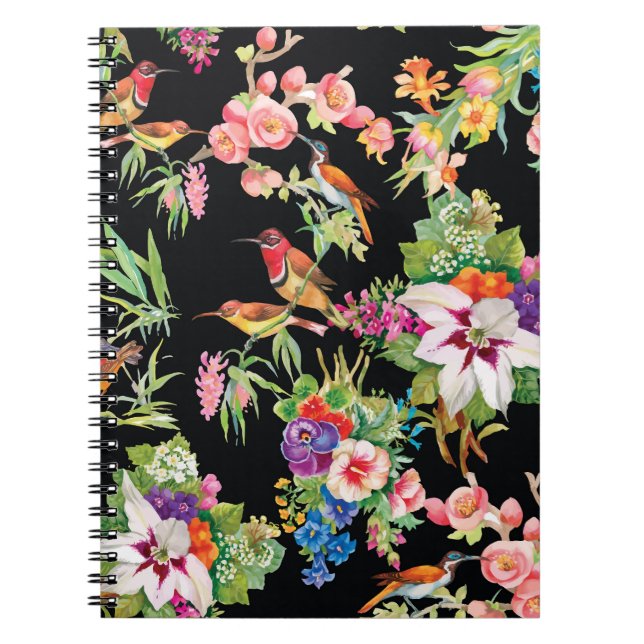 Cuaderno Flores de aves silvestres: Vintage negro (Frente)