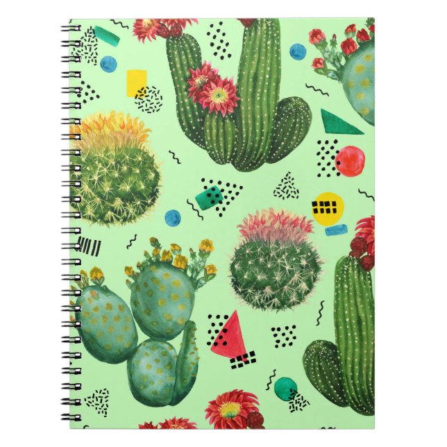 Cuaderno Flores de cactus: fondo geométrico acuarela. (Frente)