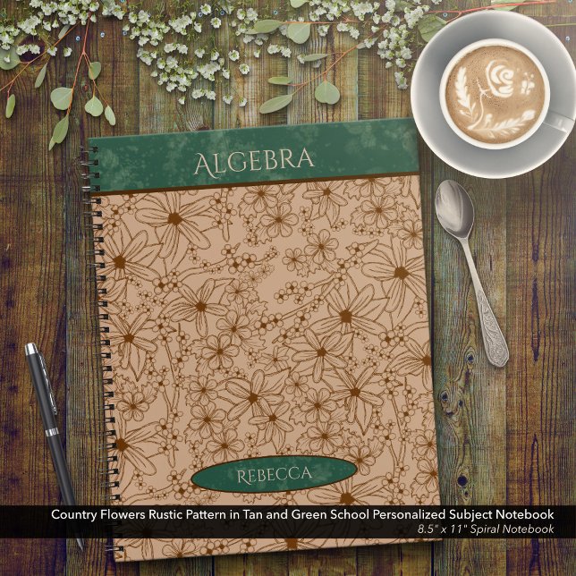 Cuaderno Flores de campo Tan Green School Nombre del sujeto (Country Flowers Tan & Green Spiral Notebook: Personalize Your Name & Customize the School Subject )