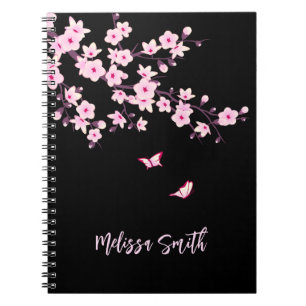 Cuaderno Flores de cerezo Floral Monograma Negro rosa