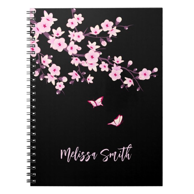Cuaderno Flores de cerezo Floral Monograma Negro rosa (Frente)