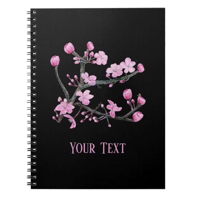 Cuaderno Flores de cerezo rosa personalizadas negro (Frente)