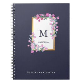 Cuaderno Flores de color azul, oro y rosa medianoche