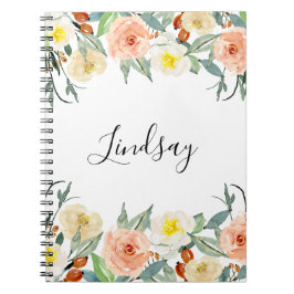 Cuaderno Flores de color de agua Girly Peach Monogramadas