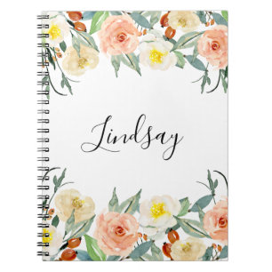 Cuaderno Flores de color de agua Girly Peach Monogramadas