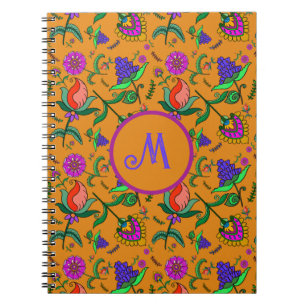 Cuaderno Flores de color Kalamkari fondo amarillo verde