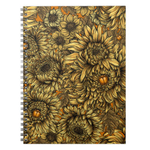 Cuaderno Flores de crisantemo amarillo y escarabajos naranj