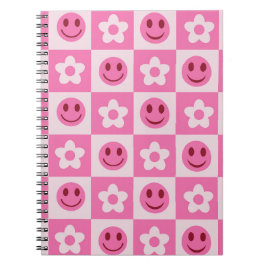 Cuaderno Flores de cuadros y caras felices rosadas
