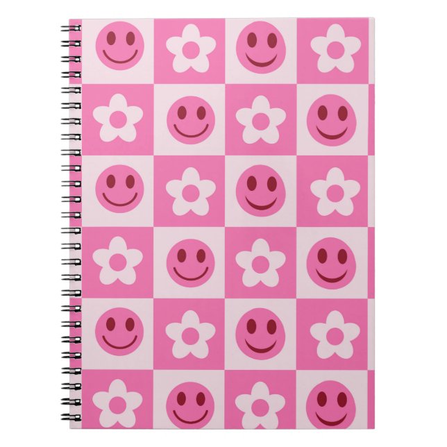 Cuaderno Flores de cuadros y caras felices rosadas (Frente)