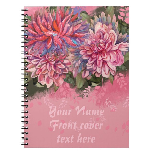 Cuaderno Flores de Dahlias color de agua rosa (Frente)