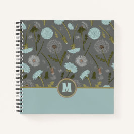 Cuaderno Flores de Dandelion monogramadas azul gris