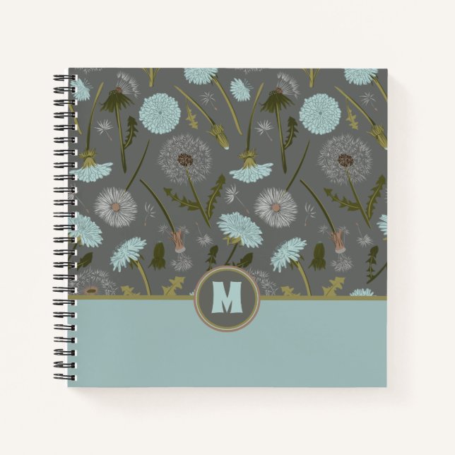 Cuaderno Flores de Dandelion monogramadas azul gris (Anverso)