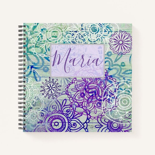 Cuaderno Flores De Doodle Cuestas En Una Madera Rústica (Anverso)