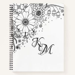Cuaderno Flores de Doodle en blanco y negro color en imagen