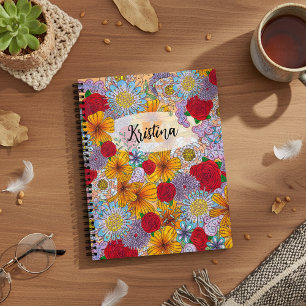 Cuaderno Flores de doodle en el jardín rojo naranja