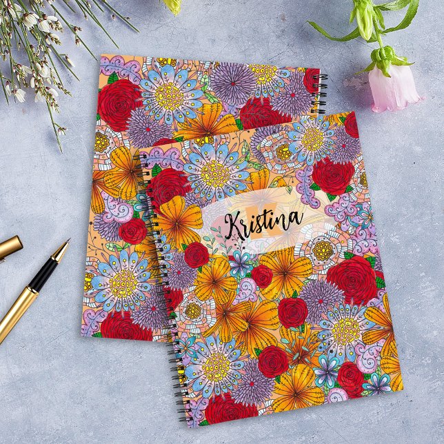 Cuaderno Flores de doodle en el jardín rojo naranja (Subido por el creador)