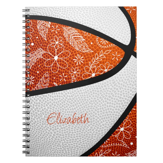 Cuaderno flores de doodle naranja baloncesto de boho blanco (Frente)