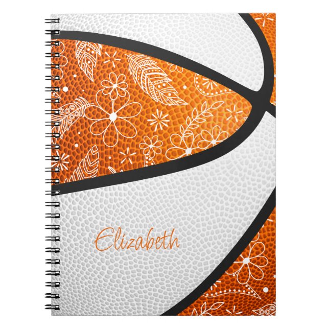 Cuaderno flores de garabato naranja blanco boho baloncesto (Frente)