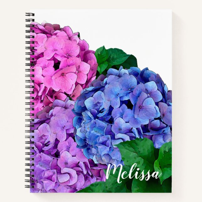 Cuaderno Flores de hidrangea azules y rosas personalizadas (Anverso)