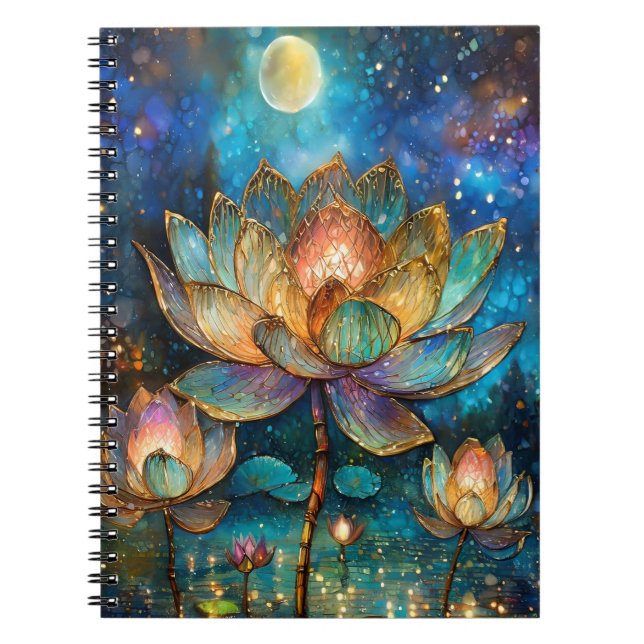 Cuaderno Flores de Lotus de vidrio manchado en la luna (Frente)