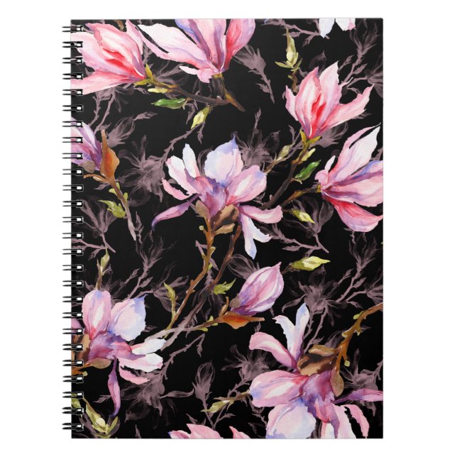 Cuaderno Flores de magnolia rosa en un patrón de ramita (Frente)