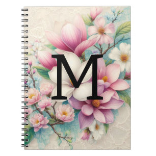 Cuaderno Flores de magnolias púrpura rosadas de encaje mono
